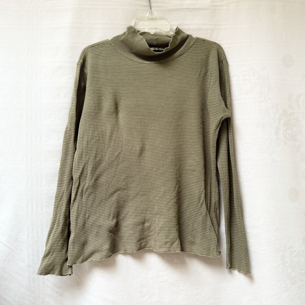 Cut Loose Womens Medium Turtleneck Top Long Sleeve Waffle Knit T Shirt Green